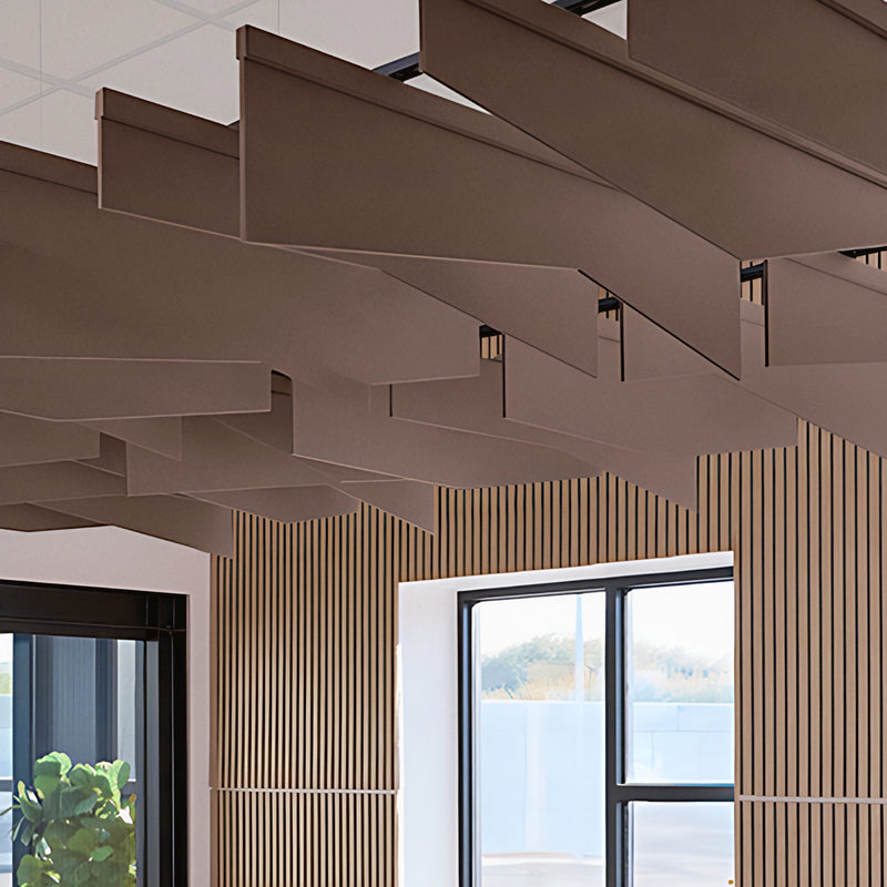 Angle felt ceiling blades in brown above a room with wood slat walls