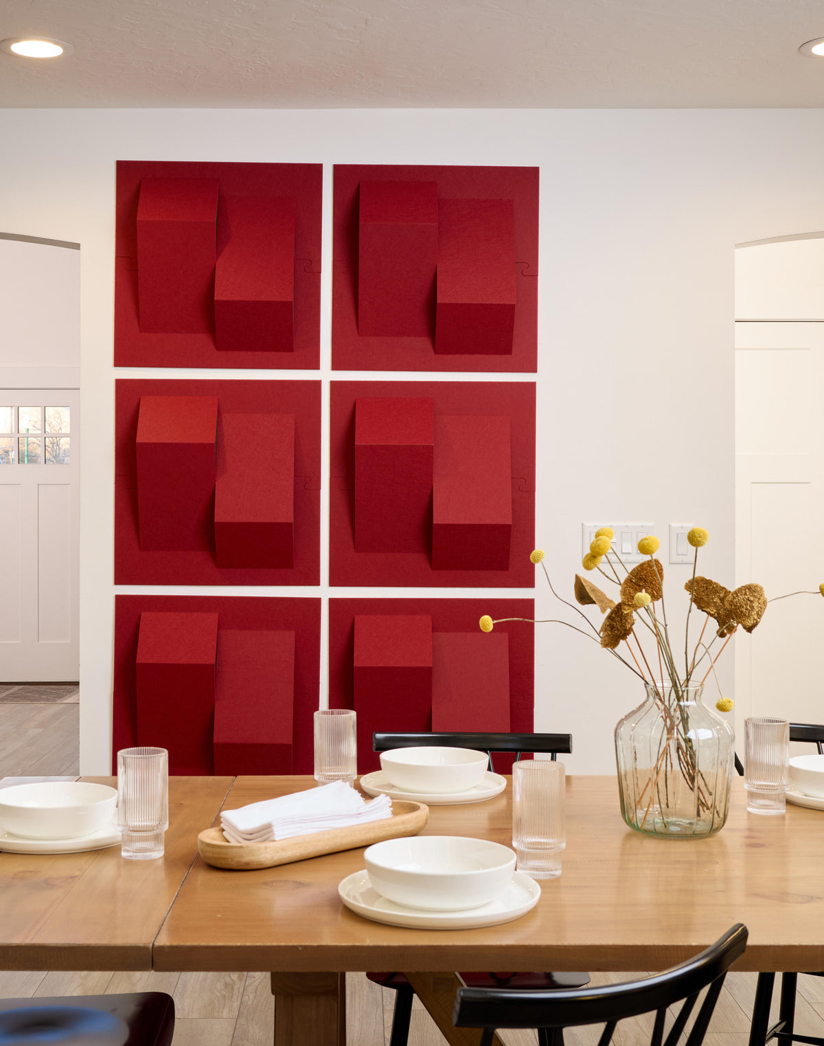 Six Bright Crimson Apex tiles in bright lively dining room setting
