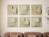 Six beige dimensional tiles with geometric cutouts and folded sections arranged in a 2x3 grid on a wall.