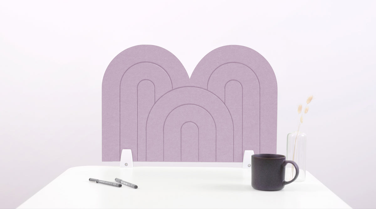 A lavender purple arch-shaped desk divider on a white desk. For the side of your desk.