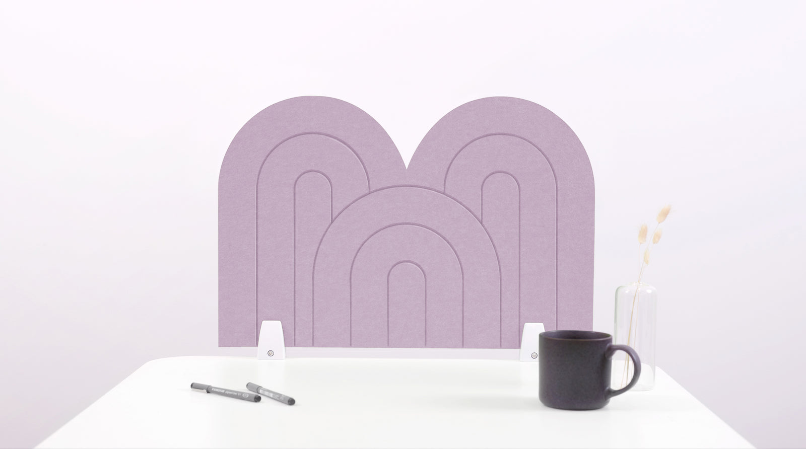 A lavender purple arch-shaped desk divider on a white desk. For the side of your desk.