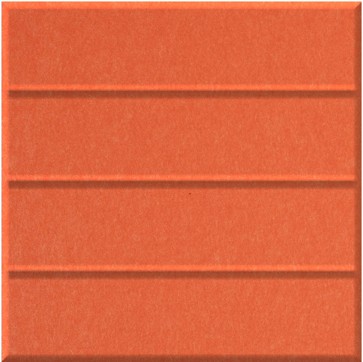Orange ceramic tile with horizontal grooved lines dividing the surface into four equal sections.