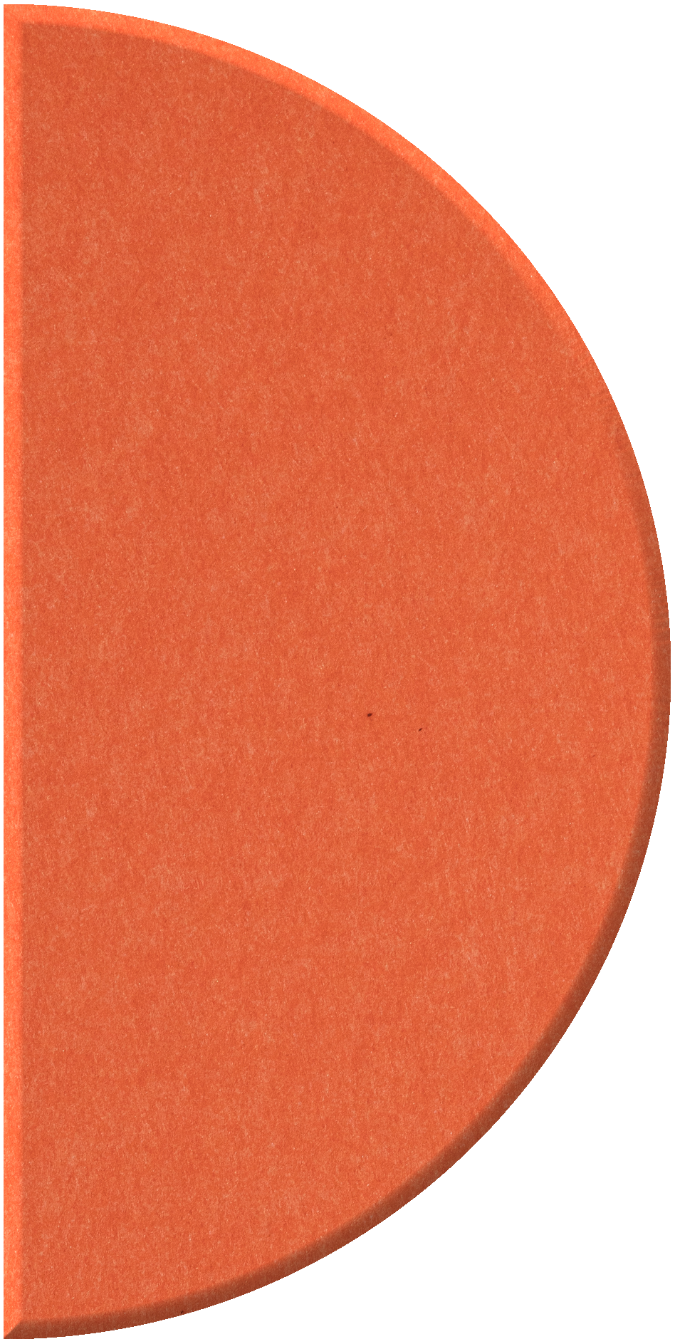Terracotta half circle tile with curved edge and textured surface.
