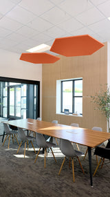 Two orange hexagonal acoustic baffles suspended from ceiling above conference table in modern office space.