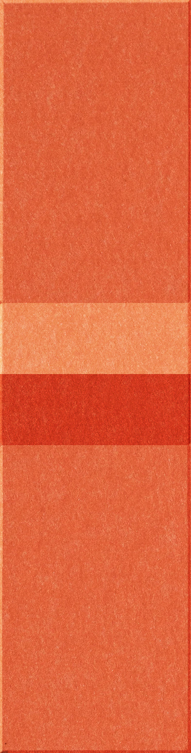 Individual terracotta tiles in shades of coral, peach, and deep red arranged vertically.