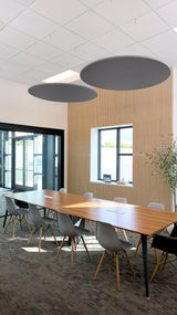 Two circular dark gray acoustic baffles with ribbed wood sides suspended from ceiling in office space above conference table.