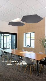 Two dark gray hexagonal acoustic baffles suspended from ceiling in modern office meeting room.