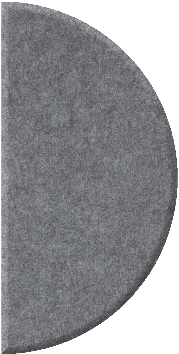 Gray half circle tile with textured surface and curved edge.