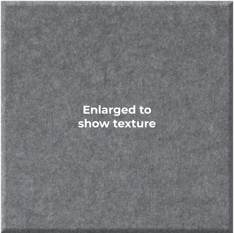 A square gray textured material sample with the centered text 'Enlarged to show texture' on a white background.