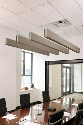 PET felt suspended acoustic beam in Ash by Felt Right absorbs unwanted noise and looks great in any setting. Available in four or eight foot lengths. Clips into ACT grid or drills into drywall ceiling.