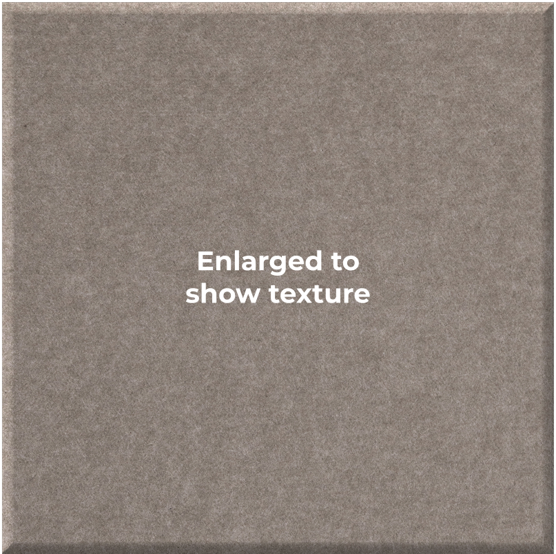 A square, textured material swatch in a warm taupe-gray color with the centered text 'Enlarged to show texture' in white.