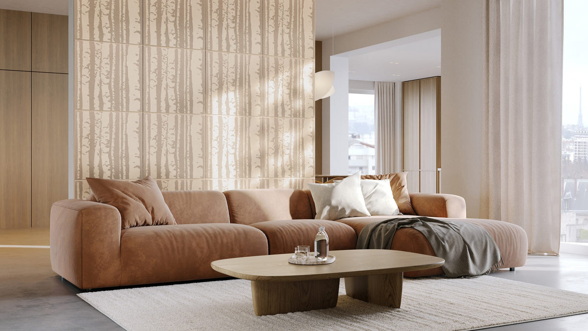 Modern living room with a brown sectional sofa and a coffee table.