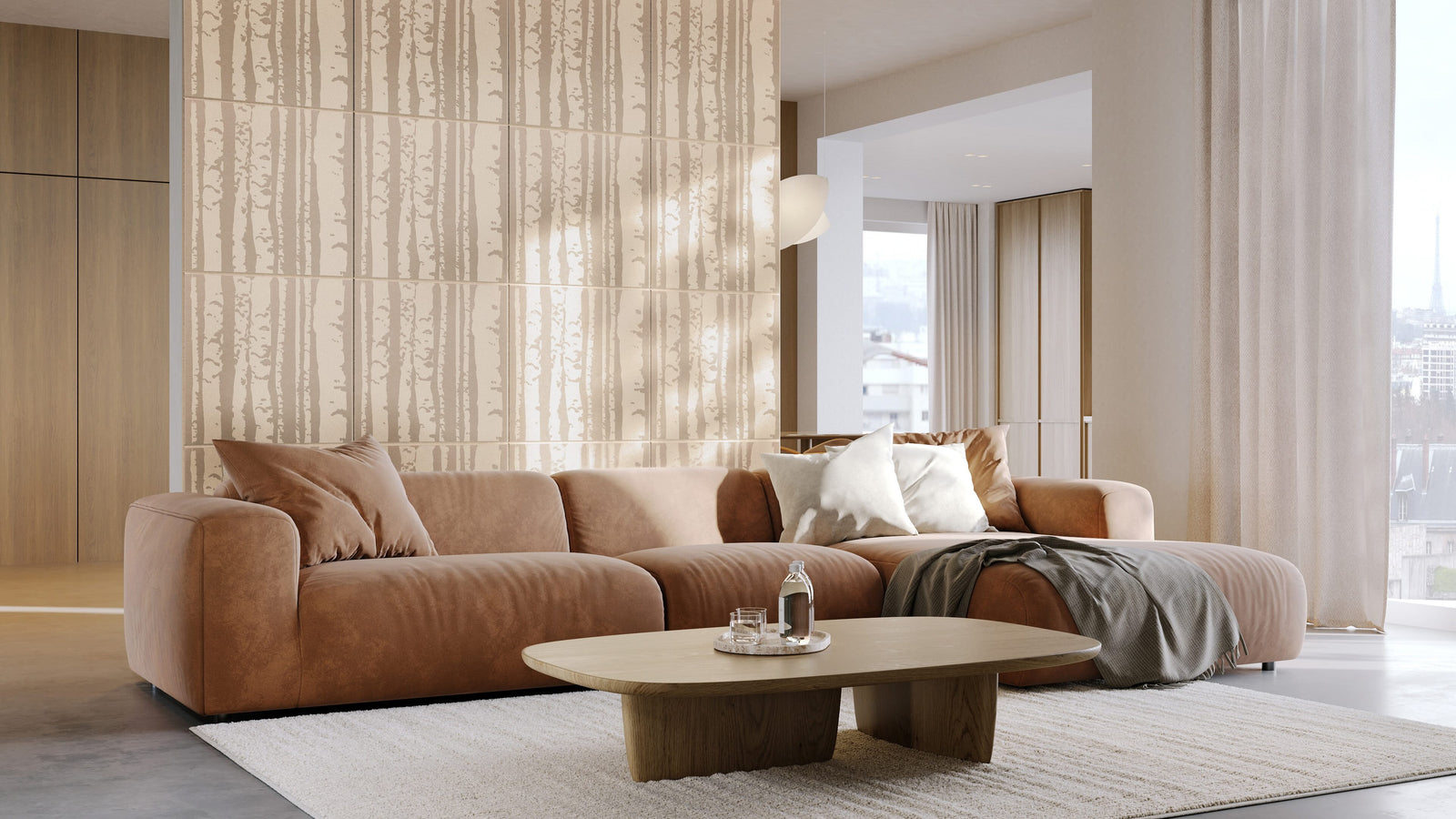Modern living room with a brown sectional sofa and a coffee table.