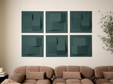 Six teal dimensional tiles with geometric raised shapes arranged in a grid above a beige sofa.