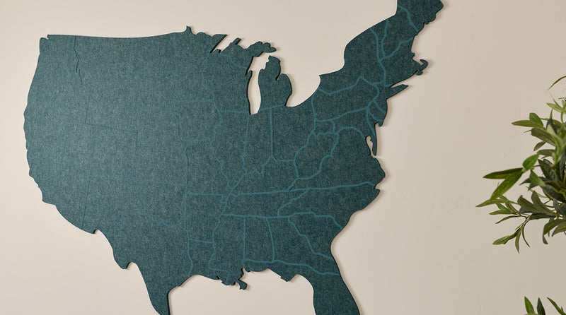 Teal map of the United States on a beige wall with a plant in the corner