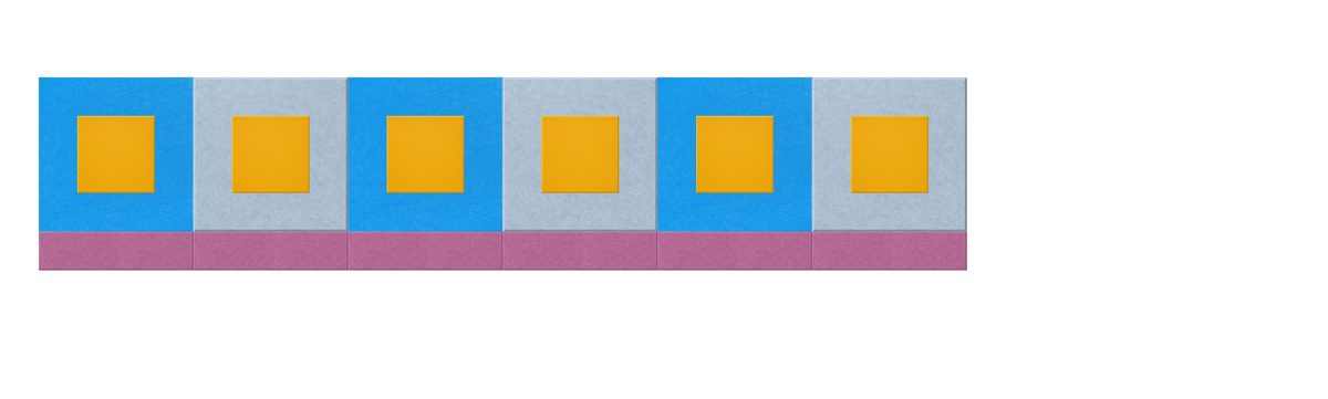 Colorful ruler or measuring tape with alternating blue and gray sections topped with yellow squares and a pink base strip.