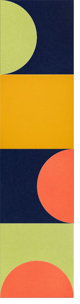 Geometric wall design with alternating sections of navy blue, yellow, and lime green featuring yellow and coral circular elem