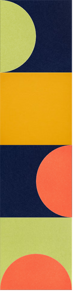 Geometric wall design with alternating sections of navy blue, yellow, and lime green featuring yellow and coral circular elem