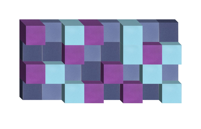 Three-dimensional pixelated block design with purple, light blue, and dark gray cubes arranged in a staggered pattern.