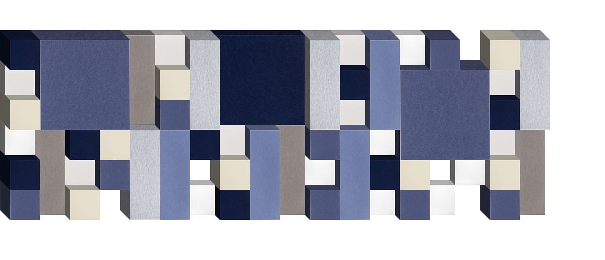 Abstract geometric pattern with stacked rectangles in navy, gray, cream, and white tones.