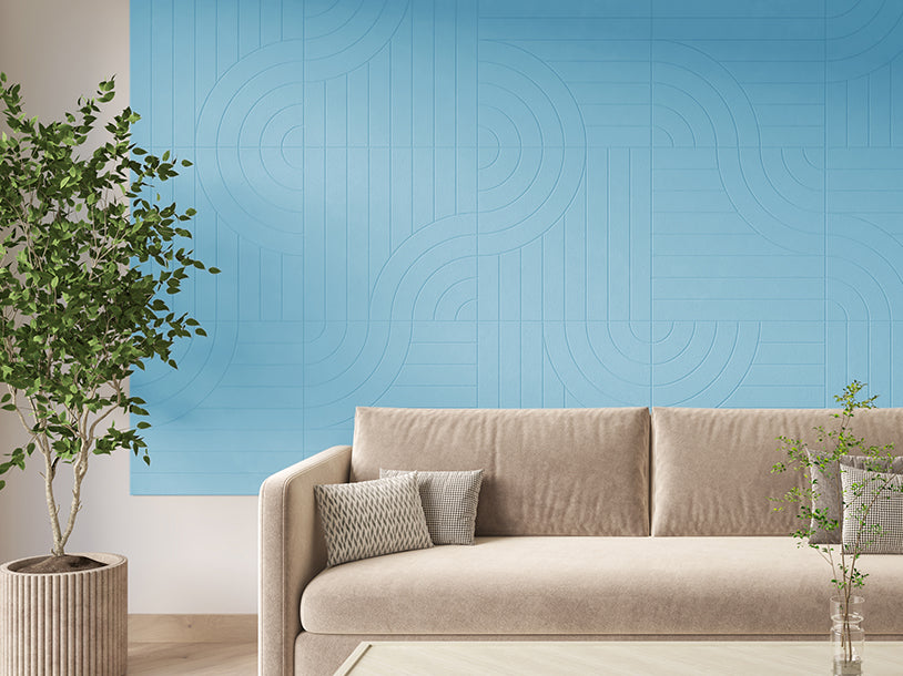 Felt Right design Tangent Max and Wall covered in Felt engraved tiles in baby blue color displayed in living room