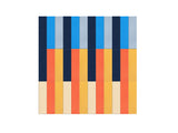 Woven textile with vertical stripes in navy, bright blue, gray, coral, yellow, and cream arranged in repeating color-block pa