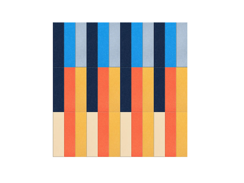 Woven textile with vertical stripes in navy, bright blue, gray, coral, yellow, and cream arranged in repeating color-block pa