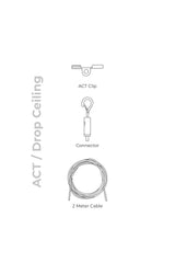 ACT drop ceiling hardware kit with clip, connector, and 2-meter cable.