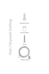 Diagram showing drywall anchor, chrome base, screw, and 2-meter cable components for flat ceiling installation.