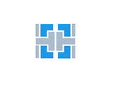 Geometric logo with blue and gray squares on a white background