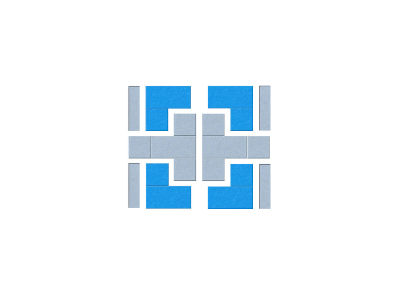 Geometric logo with blue and gray squares on a white background