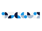 Geometric logo with blue, black, and gray shapes on a white background