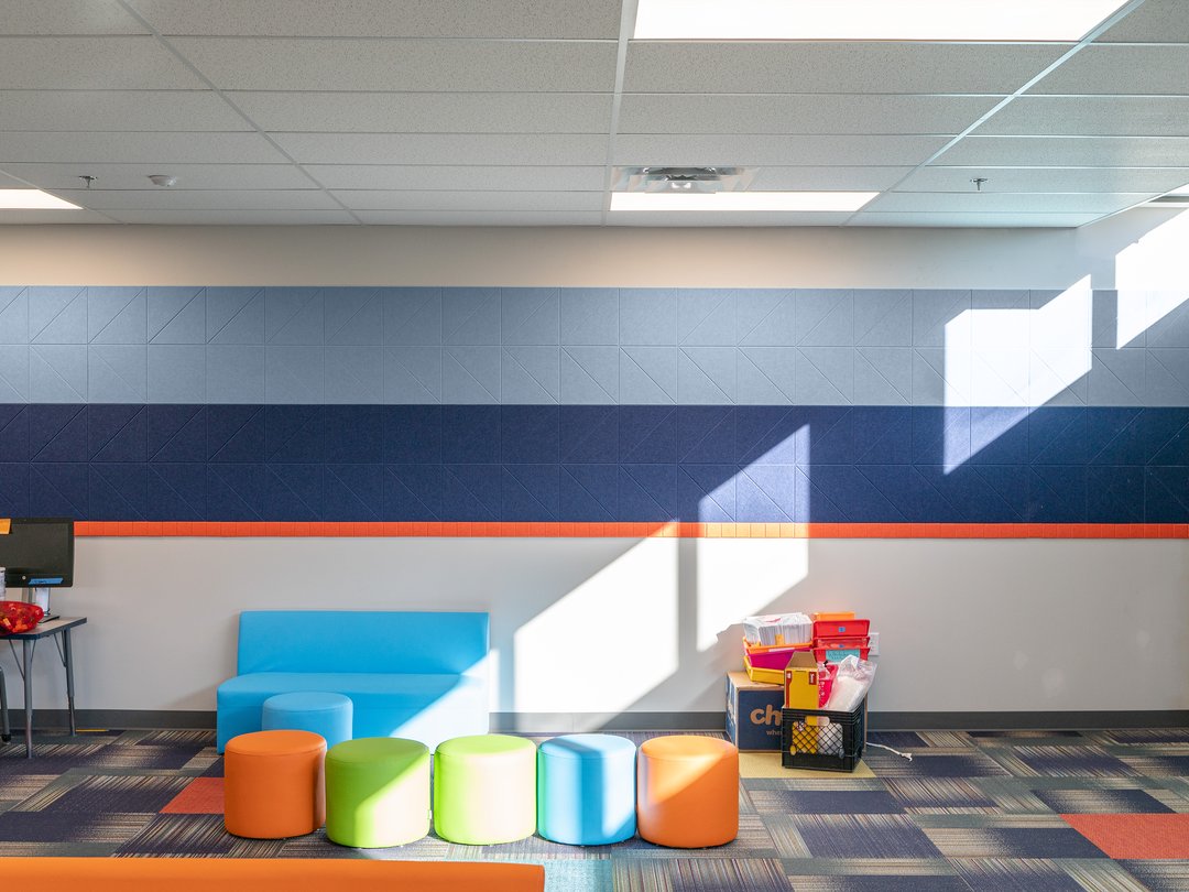 Felt Right wall art design in a classroom in shades of blue and orange creating a stripe across a wall.