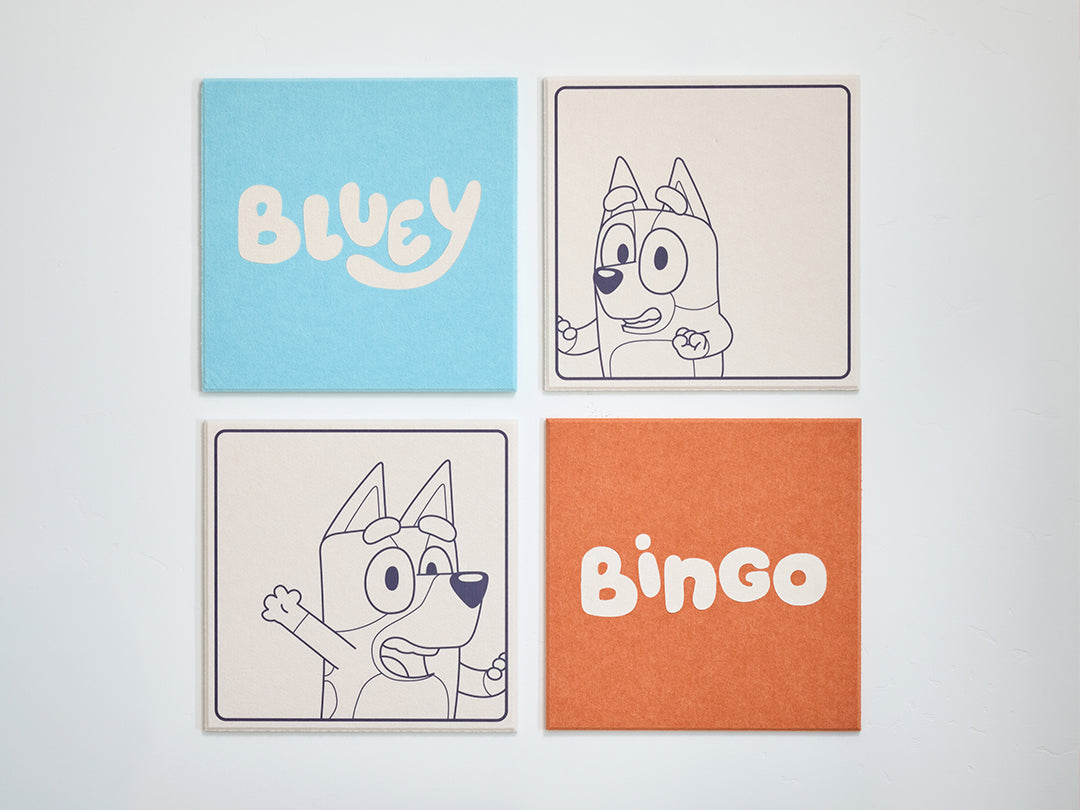 Bluey and Bingo, blue, orange, white acoustic felt wall pinboard