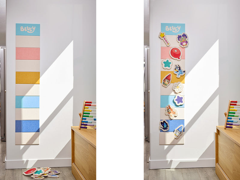 Colorful growth chart in kitchen with Bluey characters.