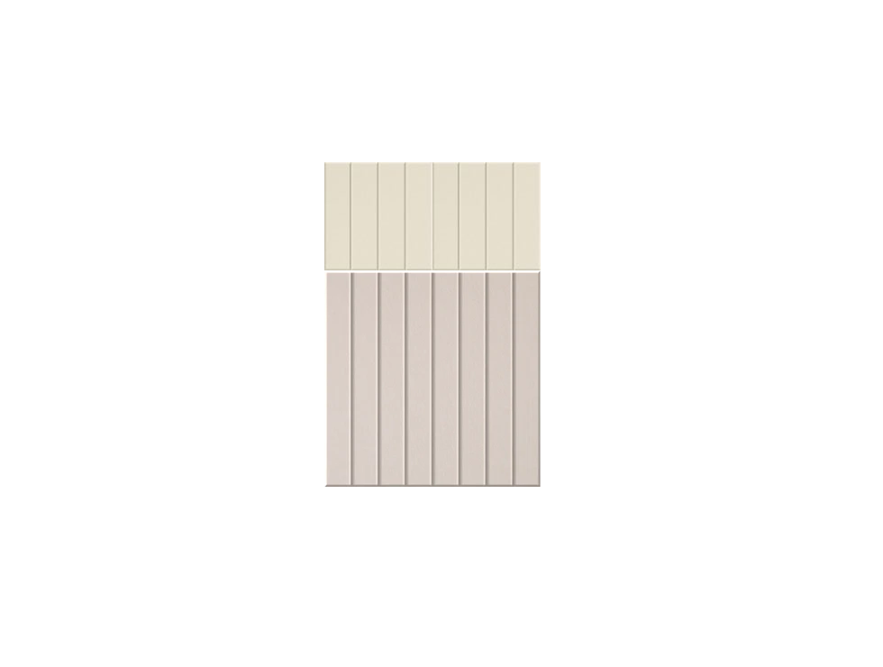 Three vertical parallel panels in cream and beige tones, with smaller panels on top and larger panel below.