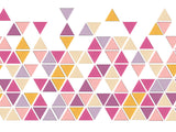 Geometric pattern of triangles in pink, purple, and yellow on a white background