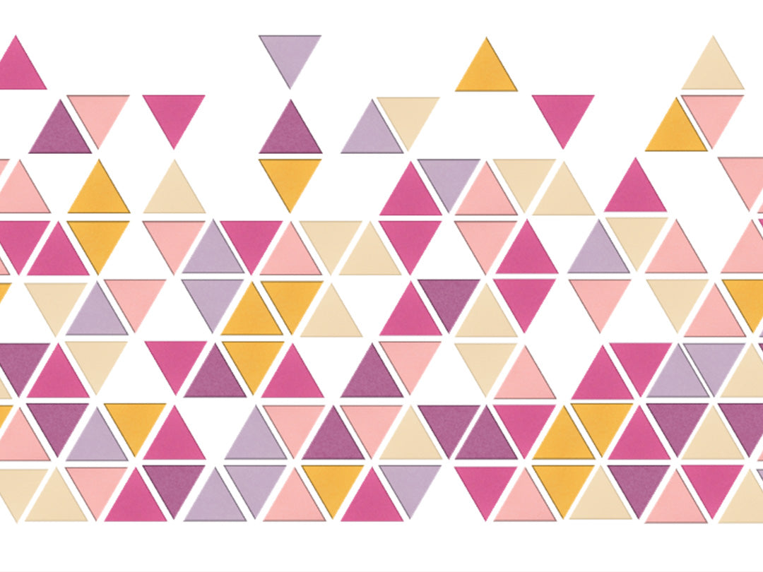 Geometric pattern of triangles in pink, purple, and yellow on a white background