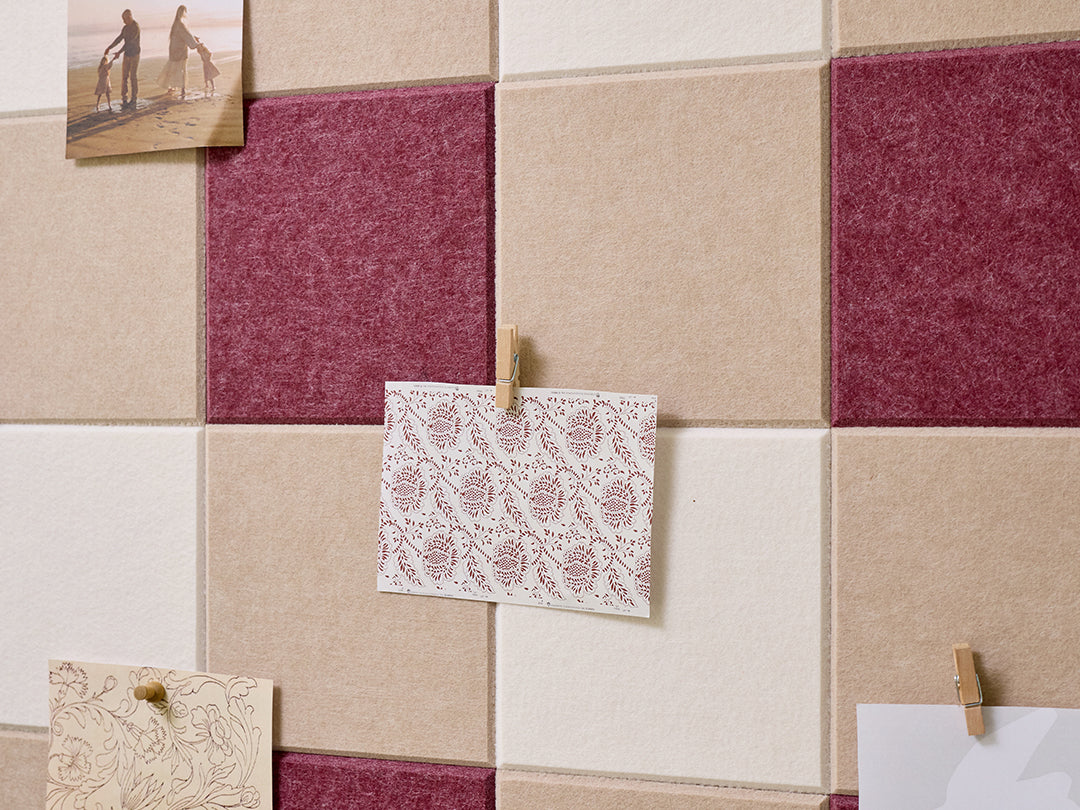 Burgundy gingham patterned pinboard made from acoustic felt tiles