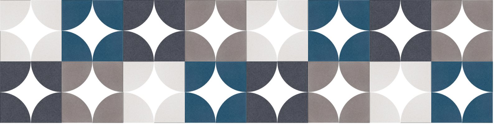 Modular wall panels with geometric four-pointed star pattern in teal, charcoal, gray, and white.