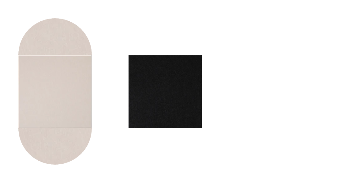 Beige rounded rectangular shape with horizontal lines next to black square on white background.