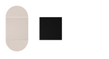 Beige rounded rectangular shape with horizontal lines next to black square on white background.