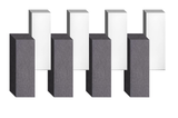 Four gray and white geometric 3D boxes arranged in a row with layered rectangular shapes.