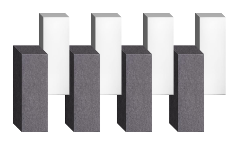 Four gray and white geometric 3D boxes arranged in a row with layered rectangular shapes.