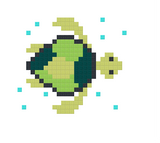 Pixel art turtle in green, yellow, and dark teal with scattered cyan squares on white background.