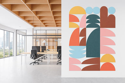 Modern office interior with a colorful abstract wall art piece.