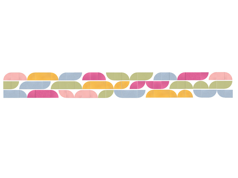 Horizontal striped pattern with overlapping rounded shapes in pink, yellow, blue, green, and magenta.
