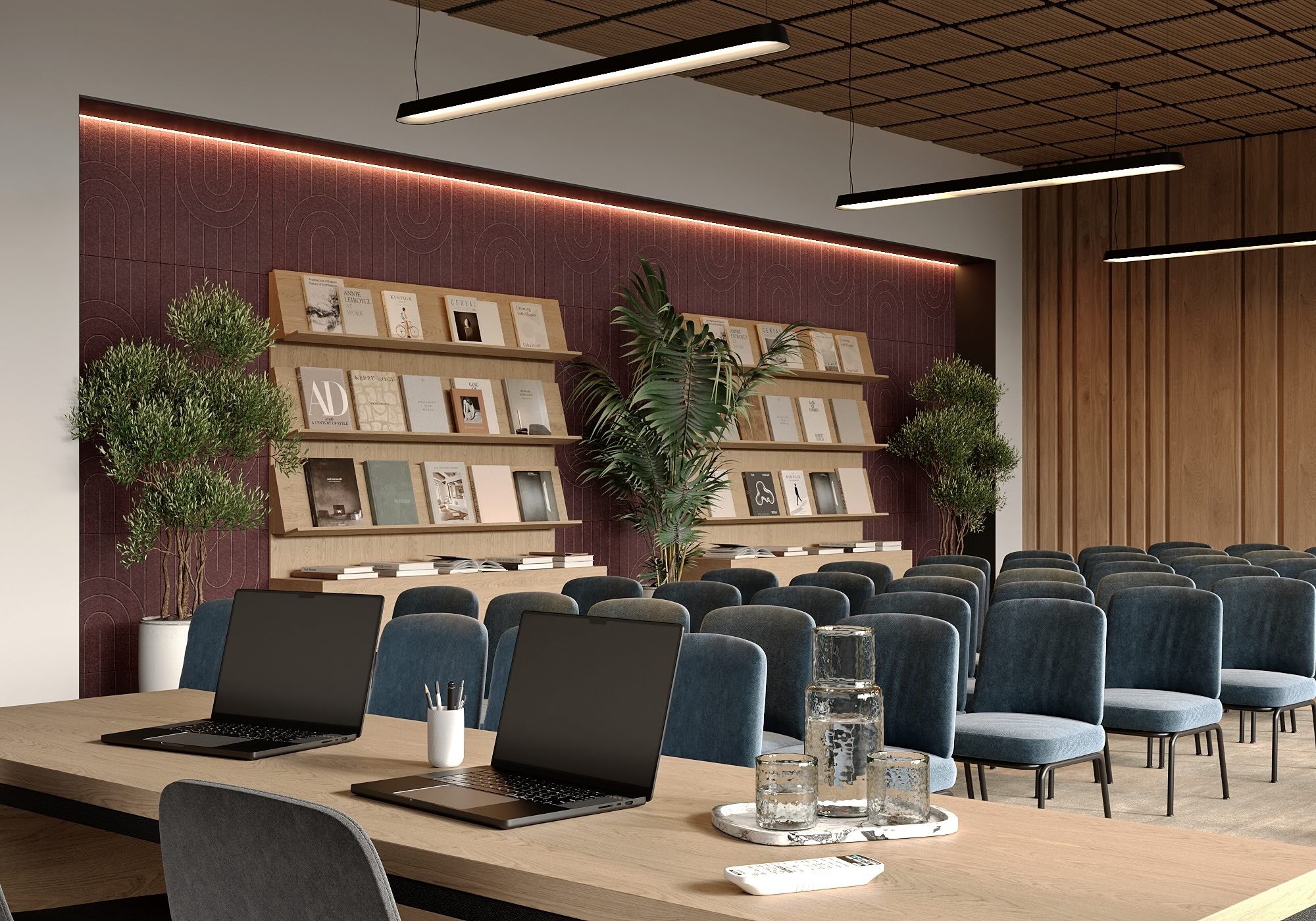 Engraved acoustic tiles in meeting space
