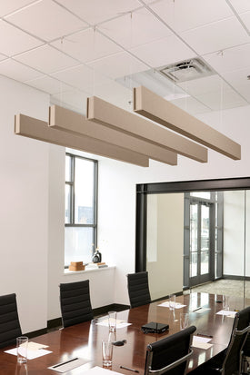 PET felt suspended acoustic beam in Cashmere by Felt Right absorbs unwanted noise and looks great in any setting. Available in four or eight foot lengths. Clips into ACT grid or drills into drywall ceiling.