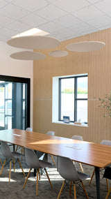 Pebble-colored flat cloud baffles suspended from ceiling above conference table in modern office space.
